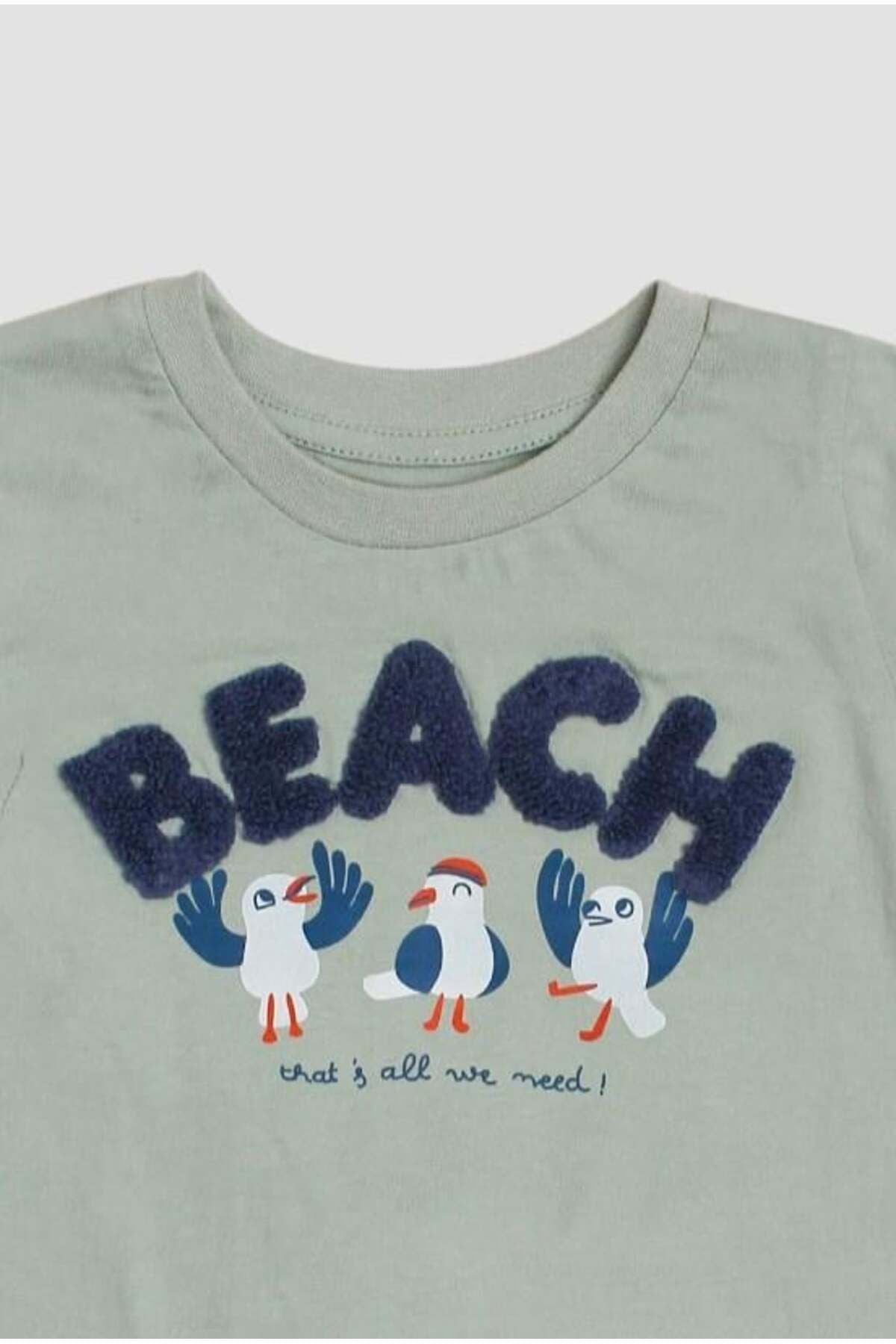 Erkek Bebek Beach Nakışlı Kuş Baskı Desenli 2'li Alt Üst Takım